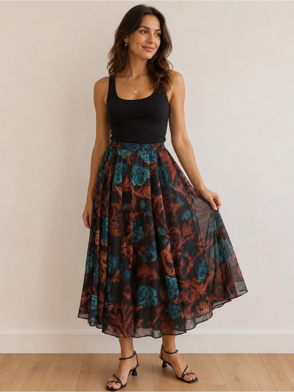 Floral A-Line Maxi Skirt - Black with Teal & Rust Floral Print with pockets!